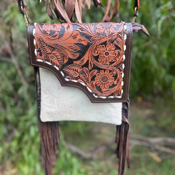 Western Fringe Purse, Tooled Cowhide Tote Bag with Detachable Crossbody Strap - Picture 4 of 7